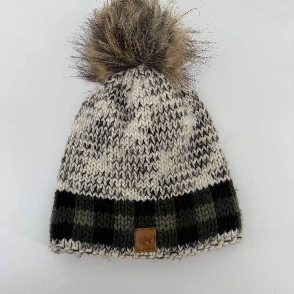 Panache Acrylic Knit Beanie with Faux Fur Pom Pom Plaid Green Black White